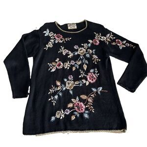 Vtg 80s 90s Heirloom Collectible  Embroidered Floral Bouquet Tunic Sweater Boho